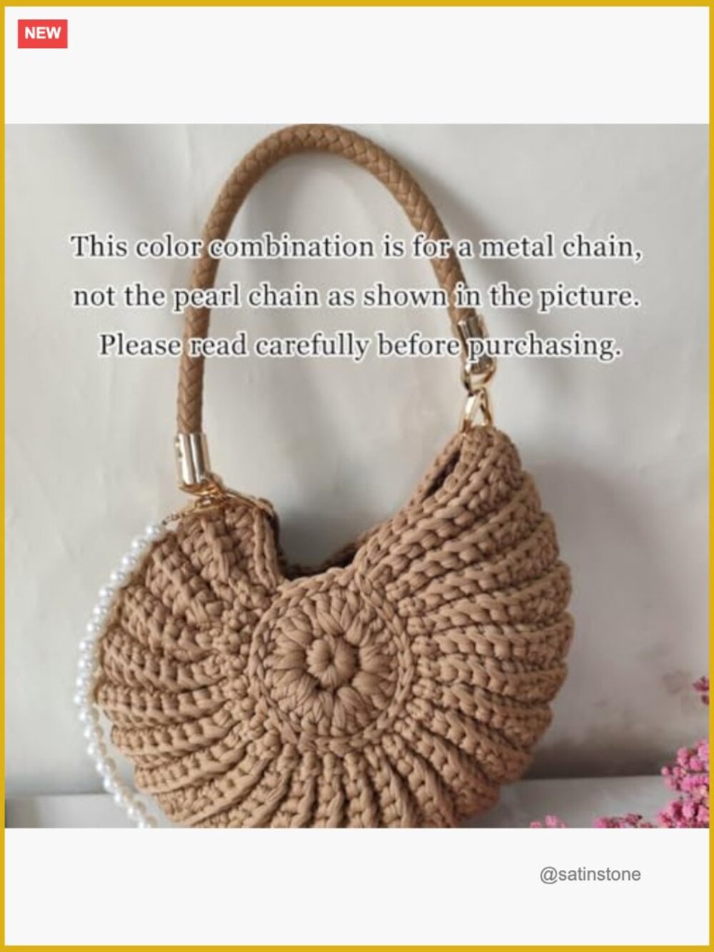 Handmade Crochet Seashell Purse with Pearl Chain Woven Crossbody Beach Bag - Picture 2 of 7